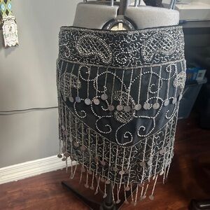 Black and Silver Intricately Beaded and Coined Hip Scarf from Istanbul.